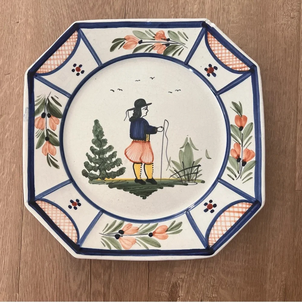 Vintage 1918-1942s HB Quimper France Mistral Blue Dinner Plate Octagonal 10.75”
